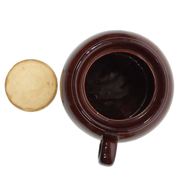 Vintage Bean Pot Soup Crock Stoneware Pottery Handle Made In USA Brown Cream - Picture 8 of 12